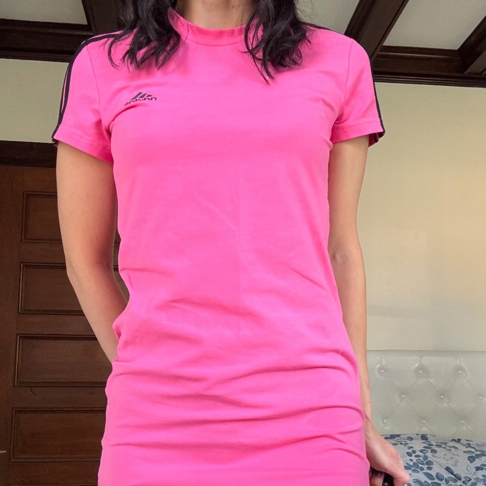 Adidas Pink T-Shirt Dress with Logo & Stripes - Size M